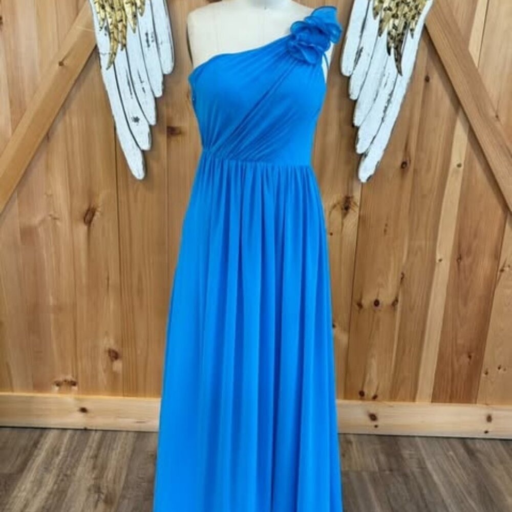 Light blue one shoulder dress with small flower detailing